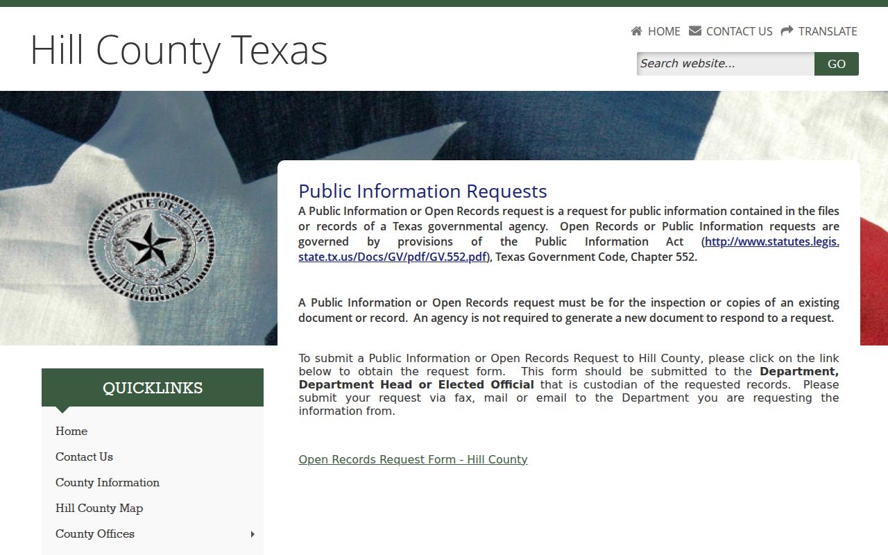 Hill County criminal record public information request page